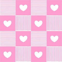 Cute seamless pattern featuring white hearts and alternating horizontal and vertical stripes on a soft pink background. Perfect for Valentine&rsquo;s Day designs.
