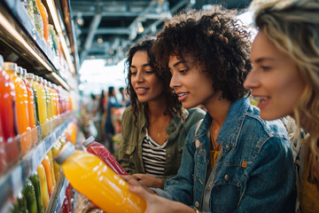 Three friends choosing colorful bottled juices at a supermarket aisle — smiling young women shopping for healthy beverages on a casual lifestyle outing