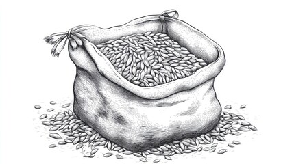 Sack of grain overflowing seeds in detailed hand-drawn black and white illustration