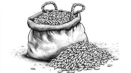 Sack overflows with autumn's bounty after a long day harvesting ripe grain from the field