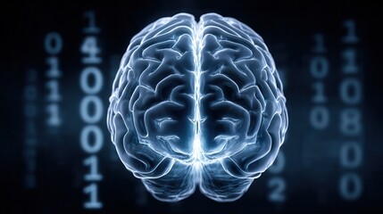 A digital representation of a human brain with binary code in the background, symbolizing technology and intelligence.