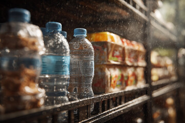 Close-up of Chilled Plastic Water Bottles with Dew and Spritz on a Market Shelf — Refreshing Beverage Display with Dramatic Light and Water Droplets