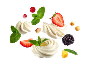 Floating Dessert Elements with Mint Leaves, Creative Minimalist Concept on Pink Background