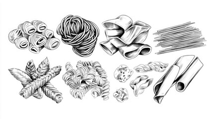 Pasta parade a monochrome showcase of culinary artistry through various pasta shapes on a bright white canvas