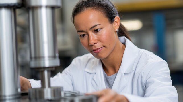 A focused female scientist in a lab coat examines machinery in a modern laboratory setting, showcasing precision and innovation in research.