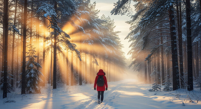 Winter Travel Adventure Poster - Hiker in Red Jacket Walking Through Snowy Pine Forest at Sunrise, Misty Mountains and Golden Light for Tourism, Exploration, and Outdoor Lifestyle Concepts - Powered by Adobe