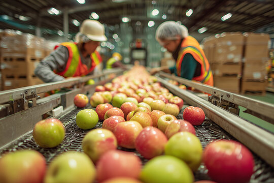 Apples on a fast conveyor belt in a food processing warehouse: packing and sorting by workers in safety vests and hardhats ensuring quality produce