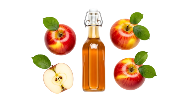 Apple cider bottle and apples isolated on transparent background - Powered by Adobe