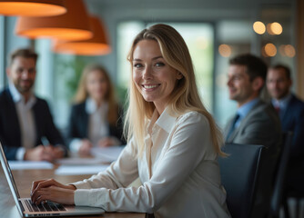 Smiling blonde pro business woman types on laptop at office meeting. Works, engages with computer. Colleagues sit, discuss business, plan strategy. Female executive leads, uses tech. Team collaborate