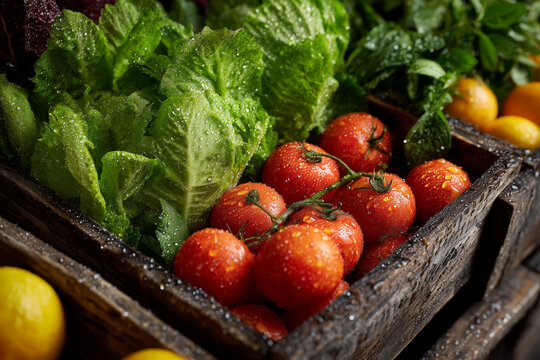 Dew-kissed vine tomatoes and crisp romaine lettuce in a rustic wooden crate — vibrant organic produce, fresh for salads and healthy cooking