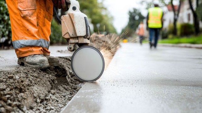 Worker uses electric circular diamond saw on metal beam at busy construction site, creating sparks on concrete floor