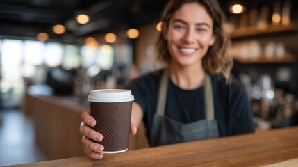 A smiling barista presents a coffee cup at a stylish cafe. The warm atmosphere invites customers to enjoy their drinks.