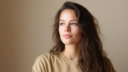 Fototapeta premium A young woman with long, wavy hair gazes thoughtfully, set against a soft, neutral background. Ideal for beauty and lifestyle themes.
