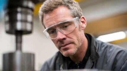 A skilled worker wearing safety glasses inspects machinery in a workshop. The setting conveys a sense of precision and professionalism in manufacturing.