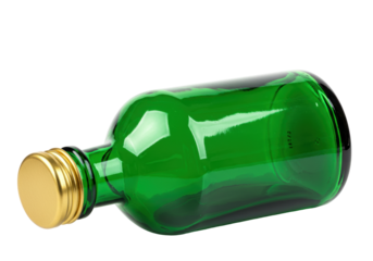 Isolated empty green bottle with golden screw cap ready for product filling, lying down