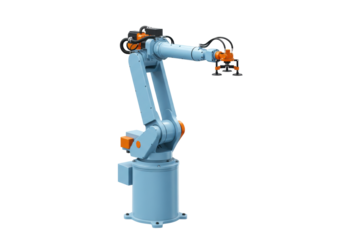 Isolated Robotic Arm with Suction Cups and Light Blue Parts on a Clean Background