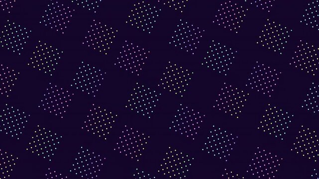 Multicolored geometric dots on a dark backdrop create an intricate pattern with overlapping details, featuring shades of purple, blue, and green
