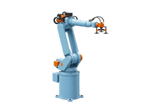Isolated Robotic Arm with Suction Cups and Light Blue Parts on a Clean Background