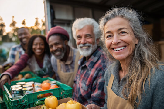 Smiling multigenerational volunteers at a community farmers market sharing fresh produce and canned goods while supporting local foodbank and charity work