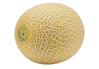 Isolated cantaloupe fruit, a sweet orange-fleshed melon variety with reticulated rind pattern