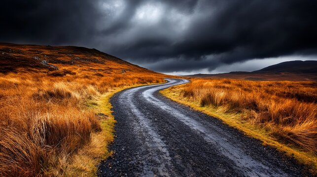 Winding gravel road stretches across a rural landscape with dramatic dark storm clouds looming overhead. - Powered by Adobe