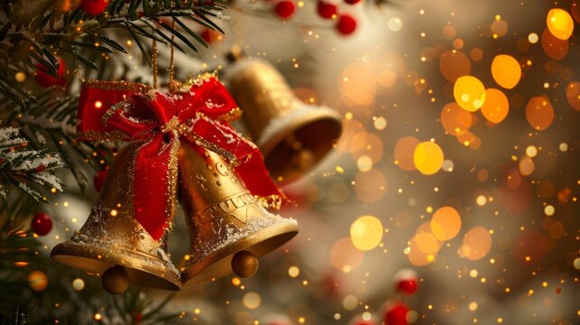 Close up of festive christmas bells with satin bows amidst fir branches and warm bokeh lights