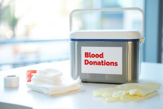 A blood donation kit displayed on a table, featuring gloves and cotton pads. Ideal for health campaigns and community service events.