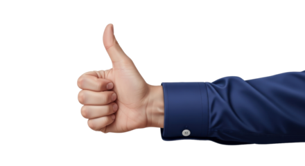 Isolated hand wearing dress shirt sleeve with cuff links giving a thumbs up gesture, approval