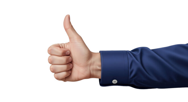 Isolated hand wearing dress shirt sleeve with cuff links giving a thumbs up gesture, approval