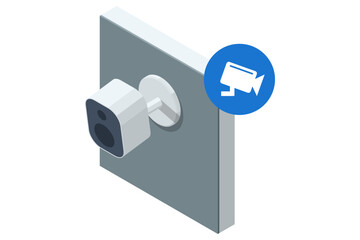 Smart Home Security Camera monitoring. Isometric illustration of a smart home security camera mounted on a wall with a blue CCTV icon, representing home surveillance and monitoring technology