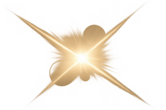 Golden glowing lens flare effect creating radiant light burst with sparkling rays on transparent background