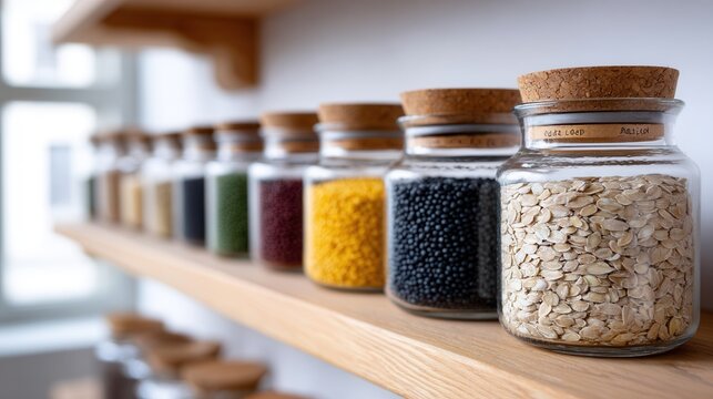 A collection of glass jars filled with colorful grains and legumes neatly arranged on a wooden shelf in a bright kitchen setting.