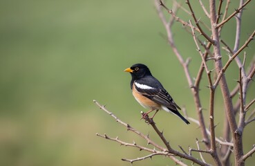 Fototapeta premium Black bird with white and orange feathers perched on thorny branch. Male songbird with yellow beak stands on dry tree twig. Wildlife in natural habitat with green blurred background.