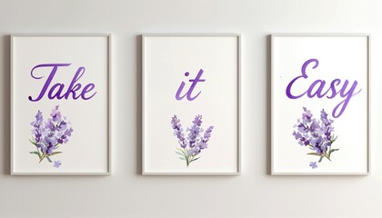 Take it easy, message on 3 matching frames with purple watercolor lavender flowers on the wall, handwritten cursive text for card
