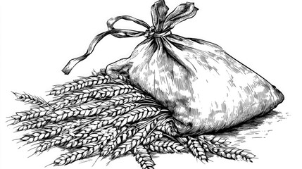 Bundle of Wheat Resting Below a Tied Sack Drawn in Black and White