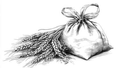 Sack of Grain and harvest Gathered near Countryside Field after a long Summer, Waiting to be Grinded