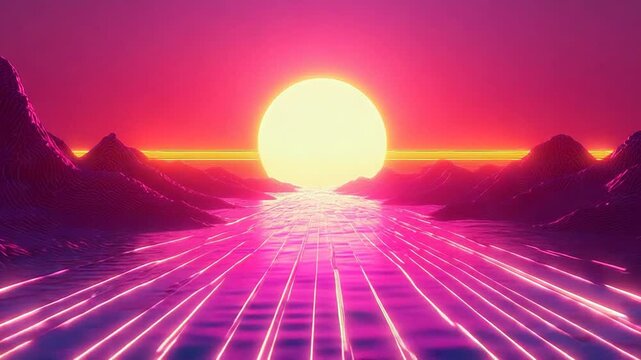 Retro synthwave digital landscape with glowing sun and neon lines
