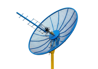 Isolated blue parabolic grid antenna and feed horn for satellite communication and television