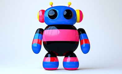 Colorful robot stands alone with shining eyes and antennae, isolated on a plain White background during the day