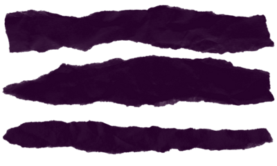 Three dark purple torn paper strips with rough edges isolated on transparent background