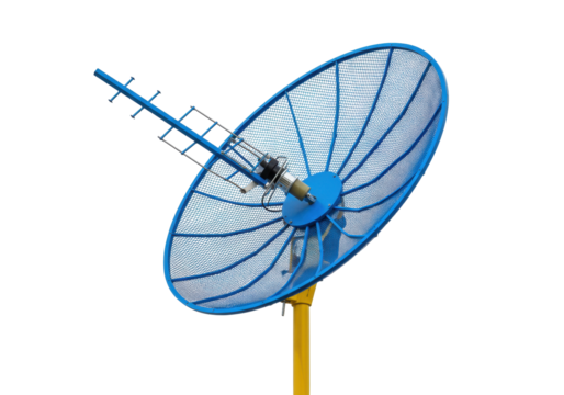 Isolated blue parabolic grid antenna and feed horn for satellite communication and television