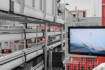 packing line in a logistics warehouse. conveyor belt in a modern production line