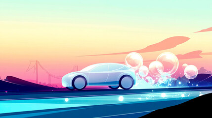 Futuristic transportation a dreamlike experience car speeds down highway into the sunset near Golden Gate
