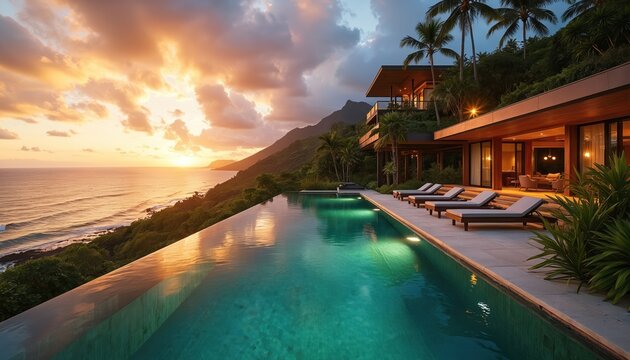 Luxury modern villa with infinity pool overlooks ocean sunset. Rich green hills surround tropical estate. Perfect vacation home offering serene paradise retreat lifestyle.
