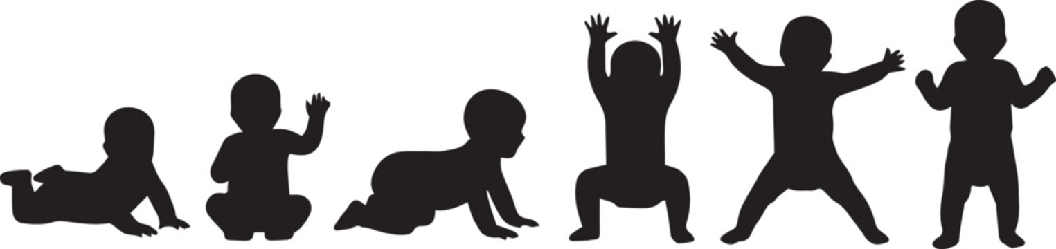 Baby growth milestones vector silhouette set showing infant development stages on white background