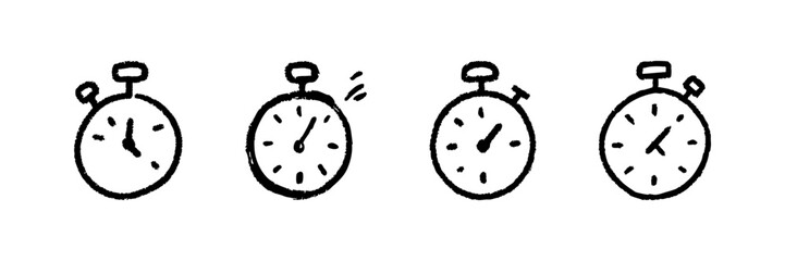 Stopwatch Line Icon Set In Doodle Style. Time Management, Precision Timing, And Countdown Tracking Outline Sketch Collection. Hand Drawn Isolated Vector Illustration