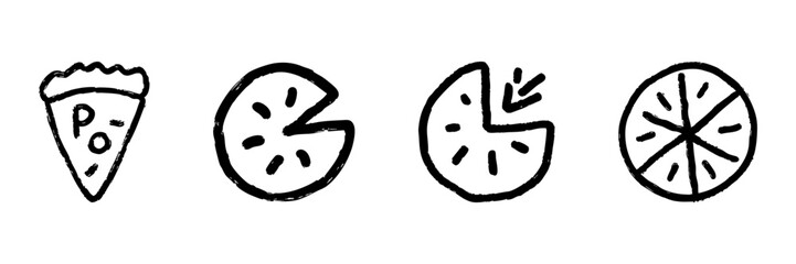 Obraz premium Pizza And Pie Chart Line Icon Set In Doodle Style. Food, Data Visualization, And Statistical Analysis Outline Sketch Collection. Hand Drawn Isolated Vector Illustration