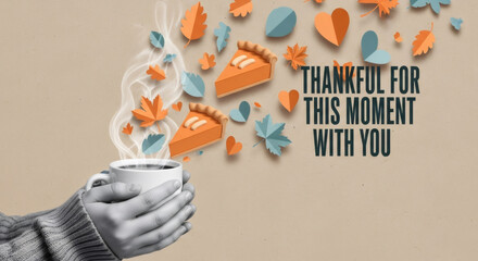 A woman holding a warm cup of coffee with pumpkin pie slices, autumn leaves, and hearts for Thanksgiving greeting card.