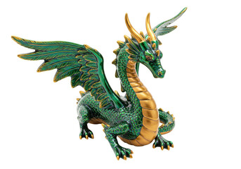 Isolated figurine of a golden and green dragon with ornate wings, scales and talons, fantasy art