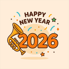 Obraz premium Happy New Year 2026 Celebration with Trumpet Flat Vector Logo for Festive Greetings